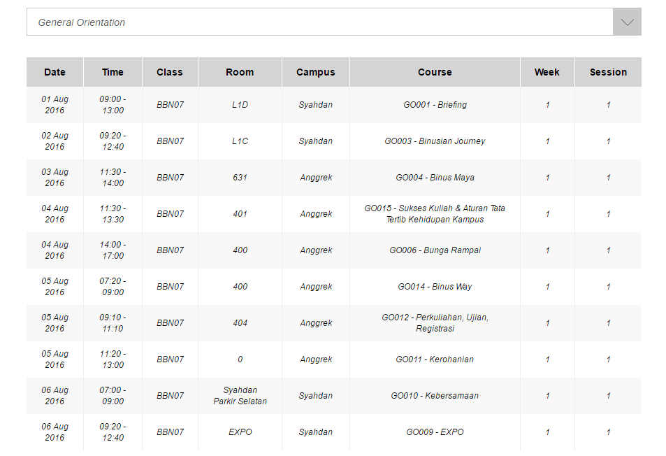 Nah yang ini jadwal General Orientation gue :)